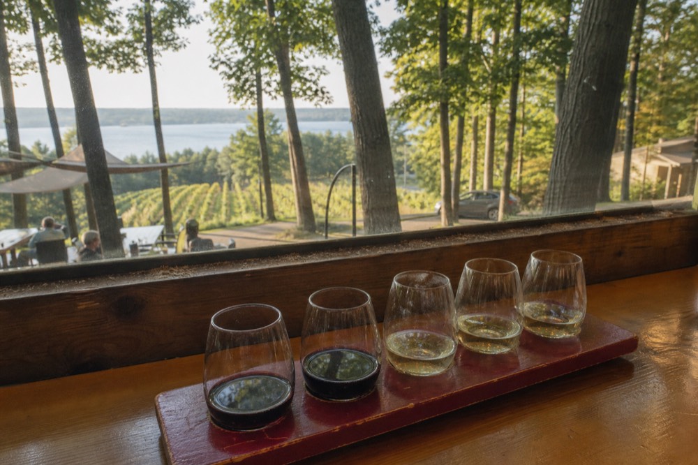 A tasting flight of red and white wines on a wooden tasting room counter