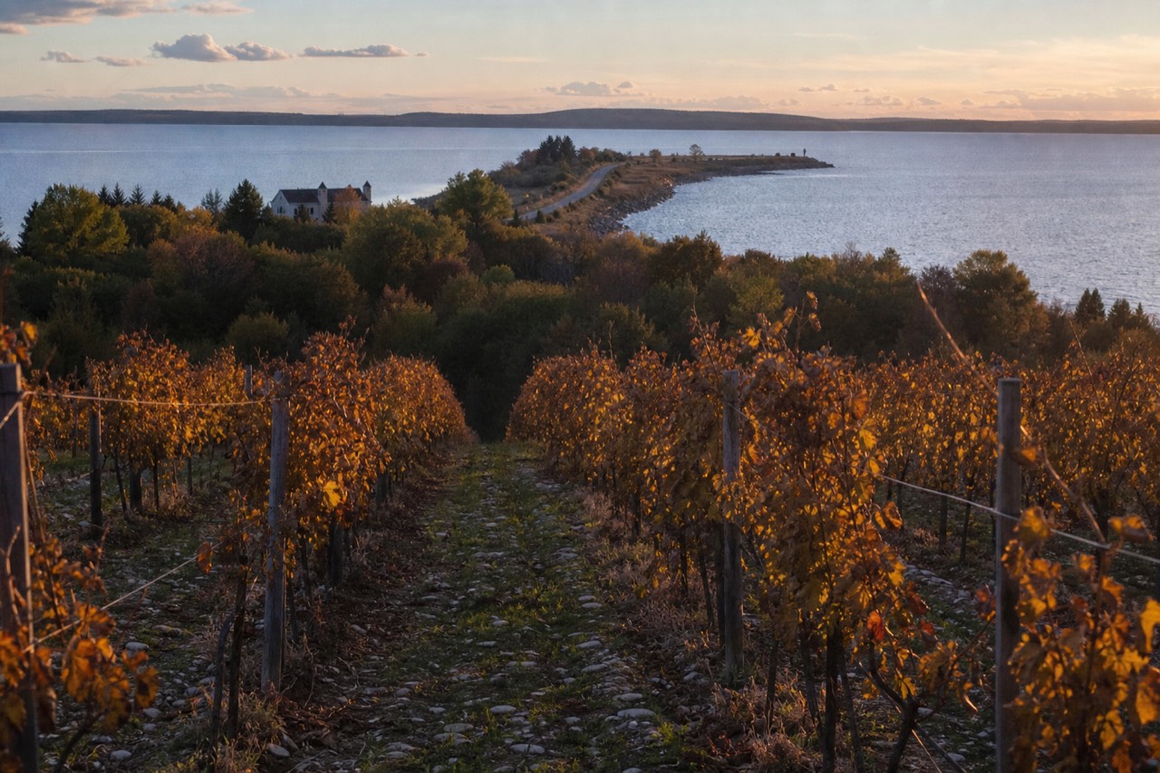 Quiet vineyard row on a peninsula near Traverse City at golden hour
