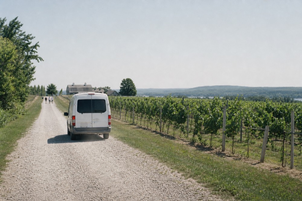 A small tour vehicle parked on a gravel lane between vineyard blocks