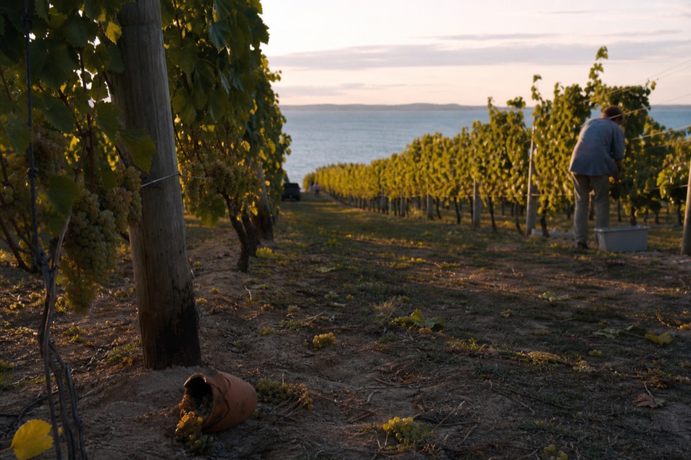 A vineyard row running down a narrow peninsula toward blue water at the far end