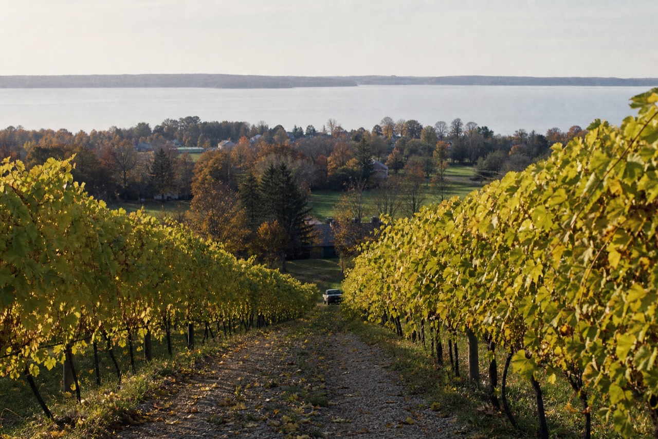 Vineyard rows on Old Mission Peninsula running toward Grand Traverse Bay
