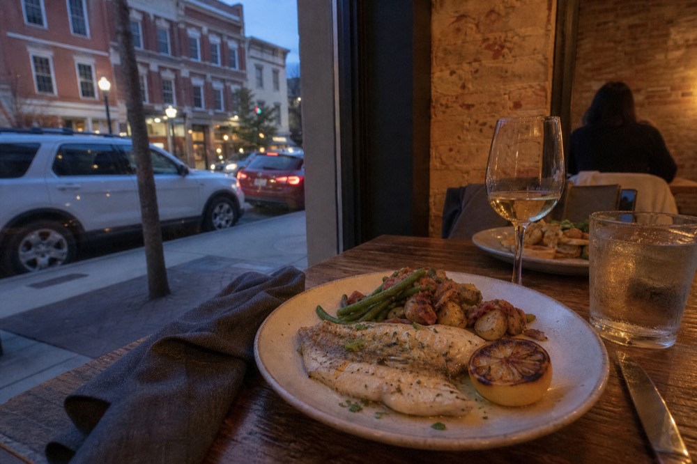A plated dinner on a restaurant table in a northern Michigan food town