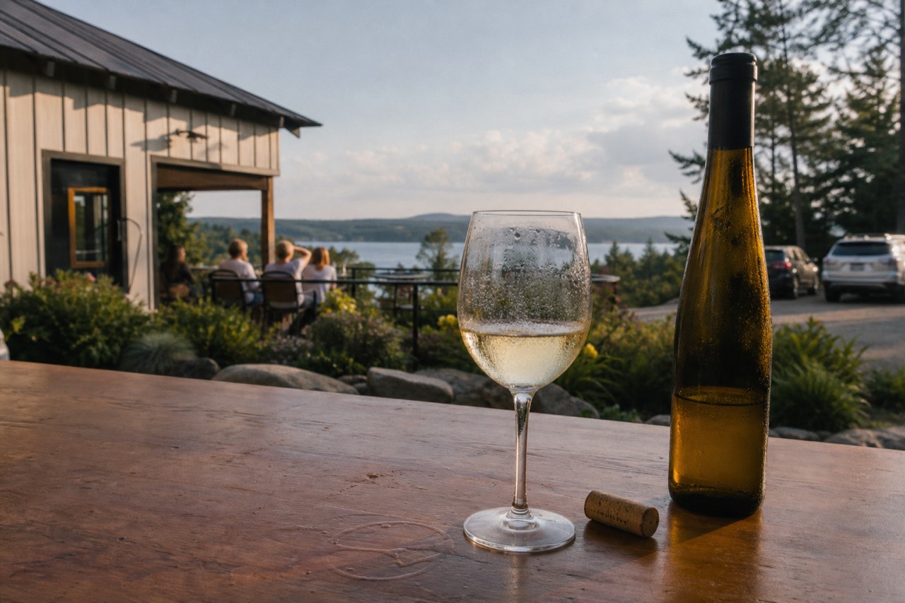 A chilled glass of white wine beside an open bottle on a tasting room counter