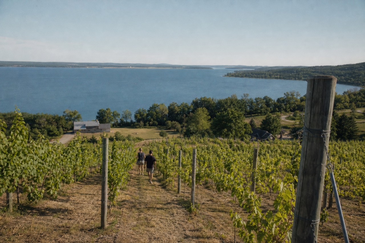 Vineyard rows running down a peninsula toward blue Grand Traverse Bay
