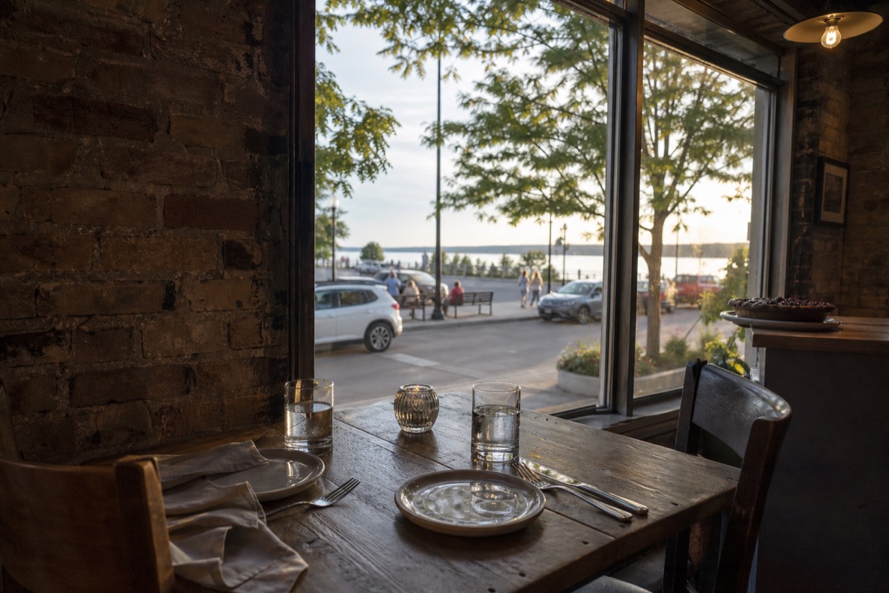 A laid table at a Traverse City restaurant with water glasses and evening light through the window