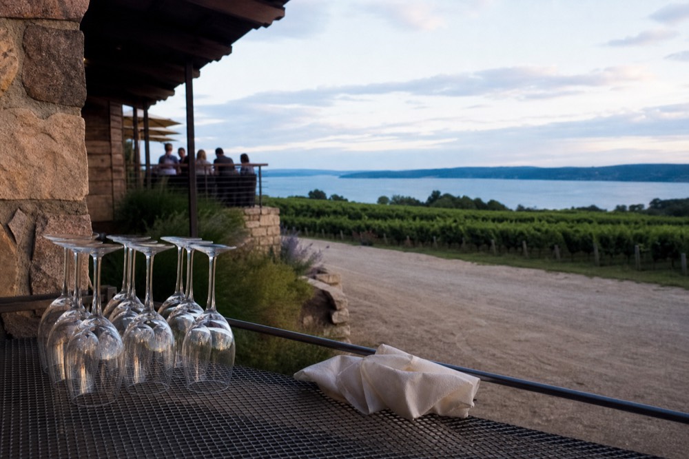 A tasting room terrace overlooking rows of vines and open water