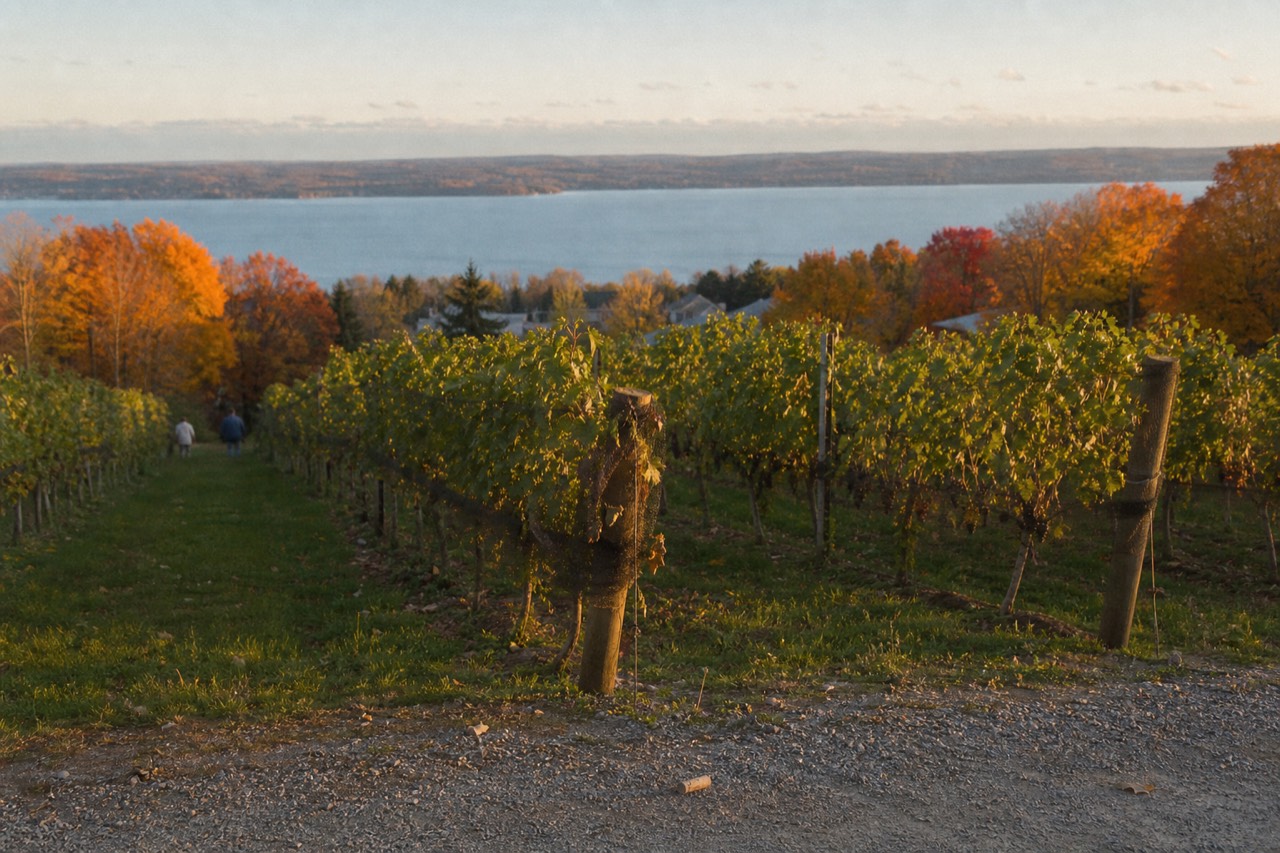 Vineyard rows on a peninsula above Grand Traverse Bay at golden hour