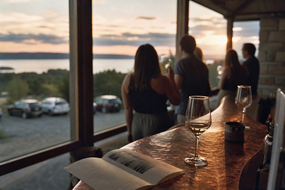 Small group raising tasting glasses at a winery bar