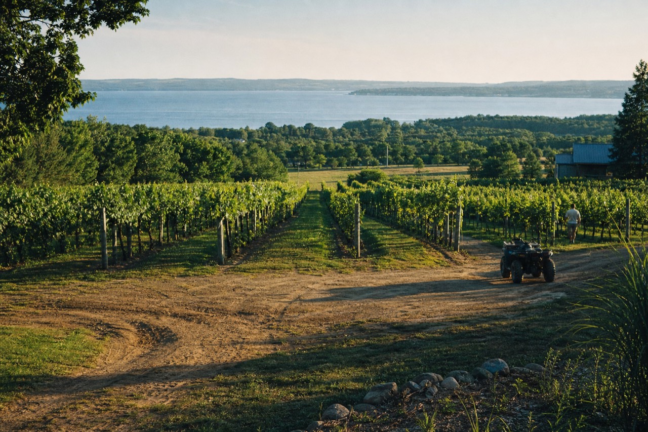 Vineyard rows running down a peninsula hillside toward open water