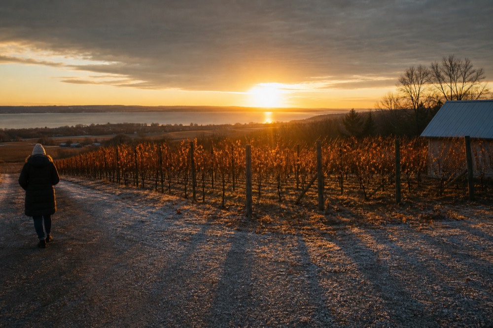 Vineyard rows at golden hour with the sun low over water