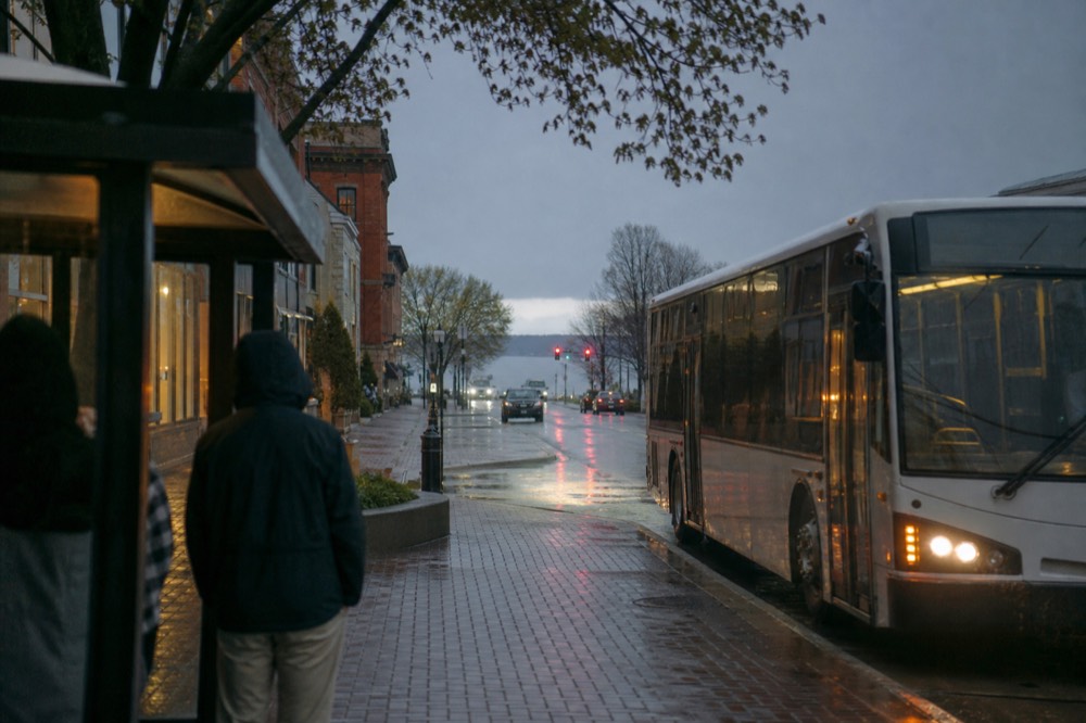 A city bus at a downtown Traverse City stop near the waterfront