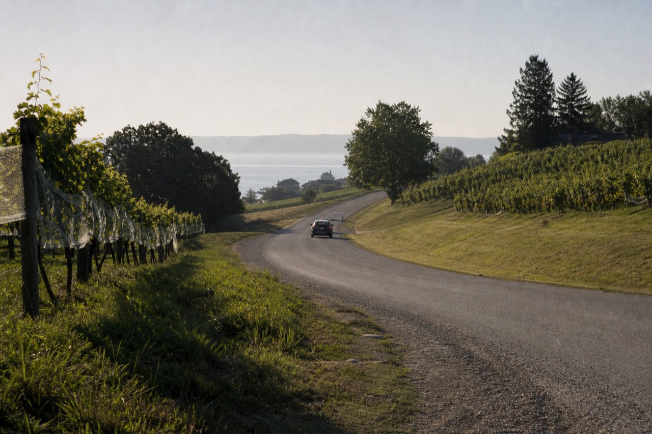 A quiet two-lane road curving past vineyard rows on a peninsula near Traverse City