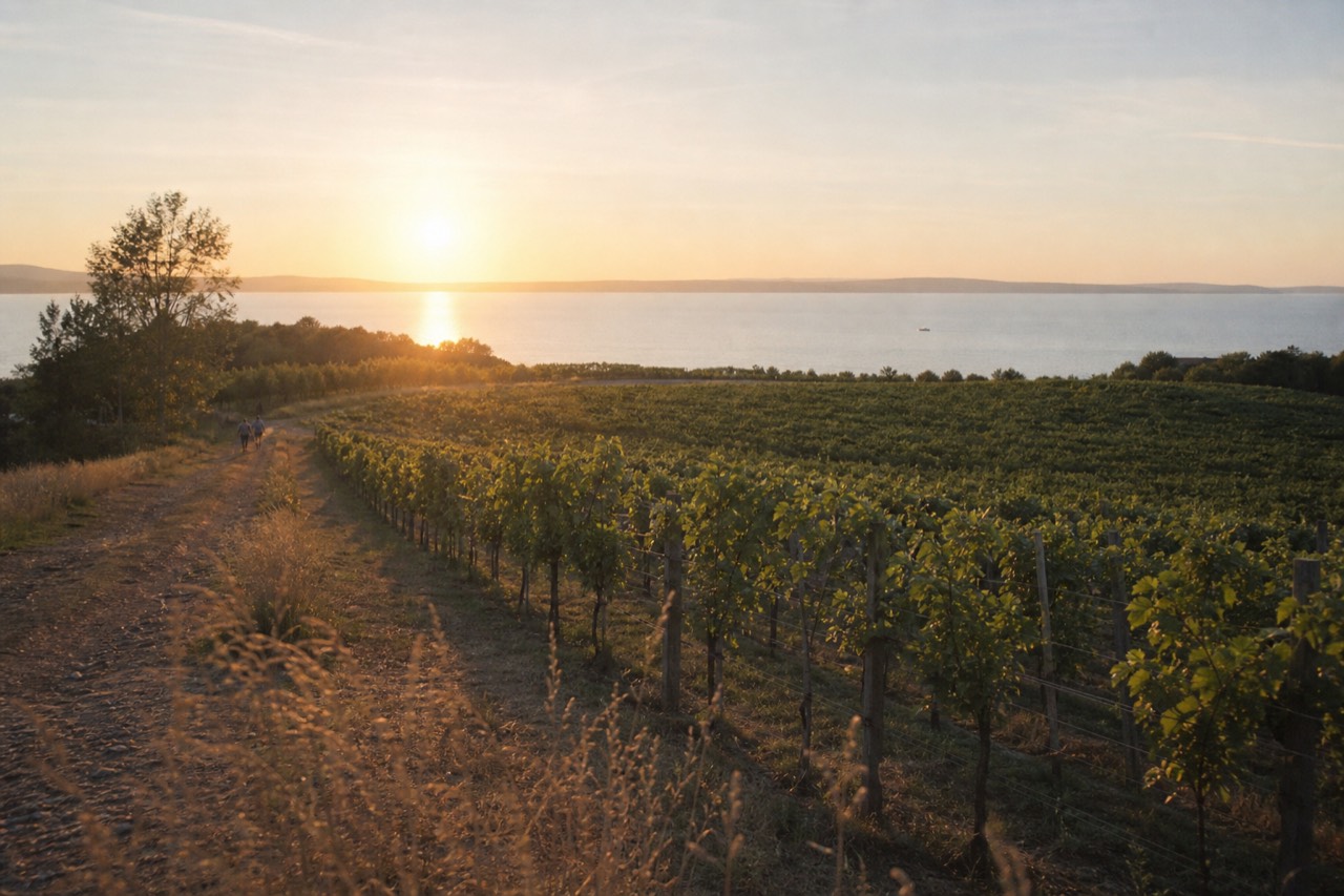 Vineyard rows above Grand Traverse Bay at golden hour