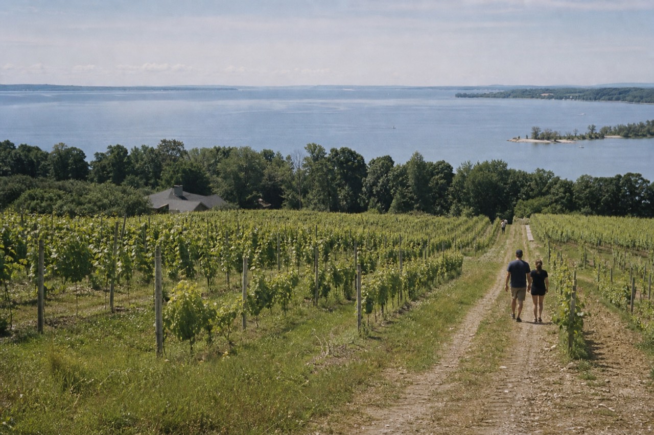 Vineyard rows running down a peninsula toward open water