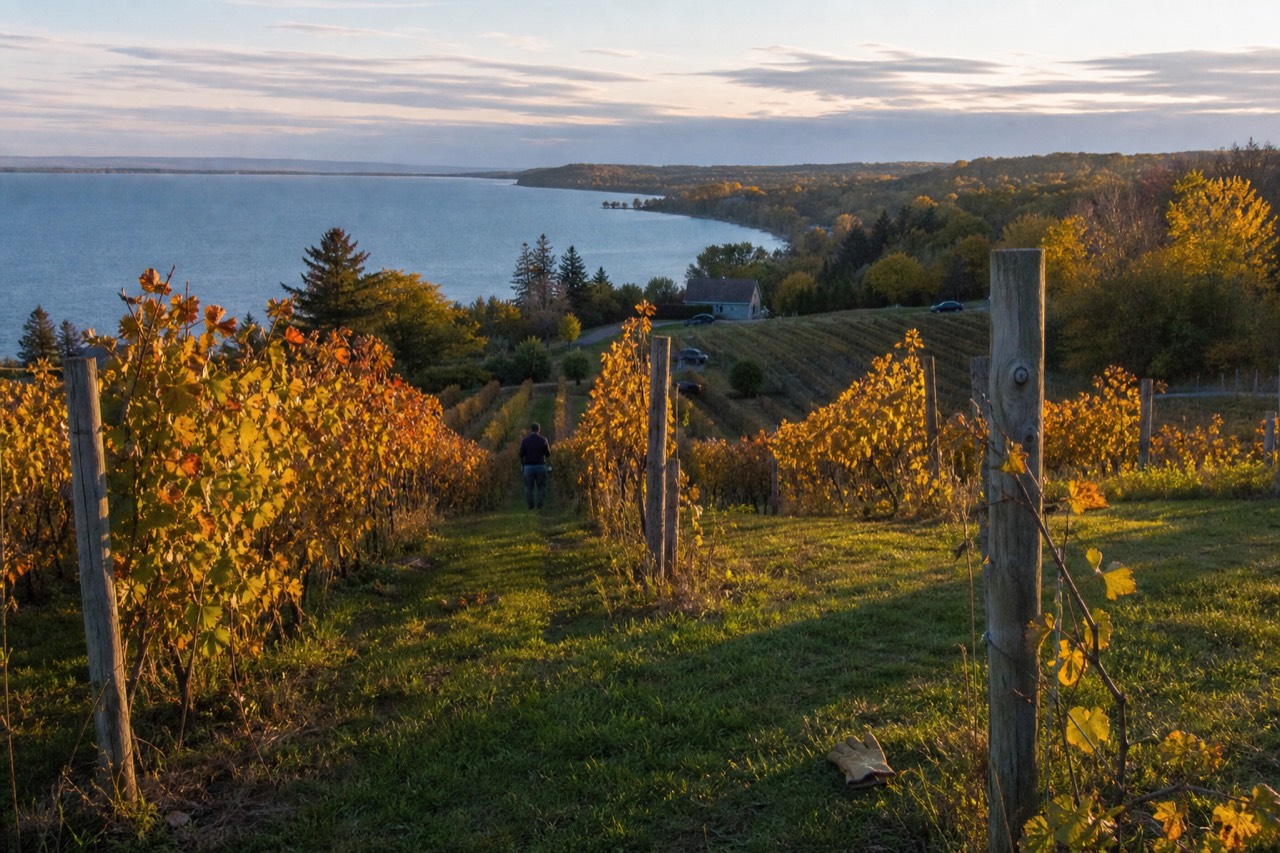 Vineyard rows on a peninsula above a bay at golden hour