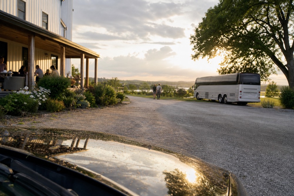 A group-style shuttle parked outside a winery building with a porch
