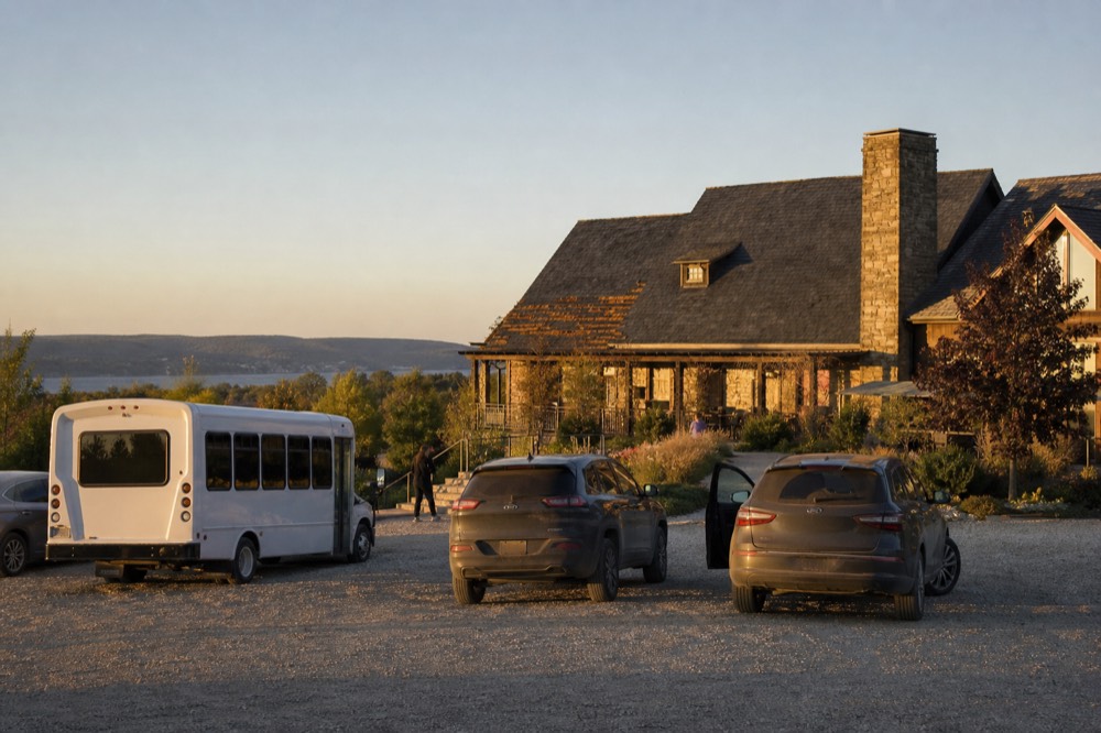 A shuttle bus and parked cars outside a winery tasting room at golden hour