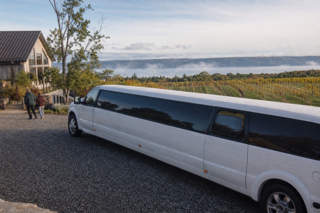 A limo-style shuttle bus parked outside a winery on Old Mission Peninsula