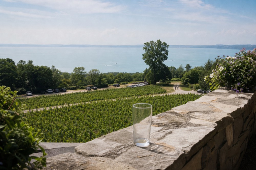 Tasting room terrace overlooking East Grand Traverse Bay