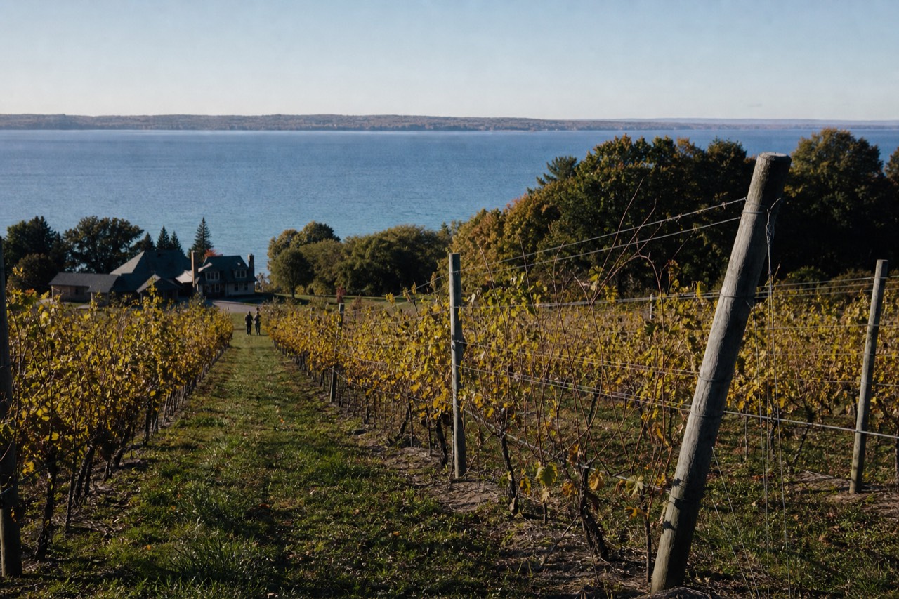 Vineyard rows on a ridge above Grand Traverse Bay at Traverse City
